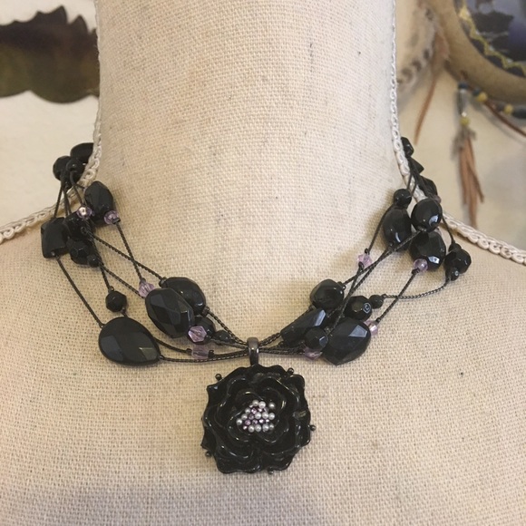Jewelry - Multi strand lilac and black rose bead necklace